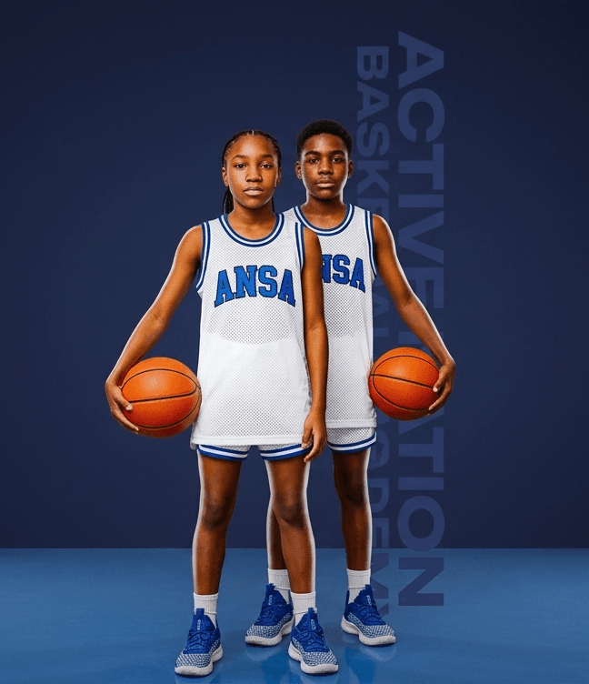 ANSA players in white and blue uniforms with basketballs; Active Nation Basketball Academy — Nairobi, Kenya (mobile hero)