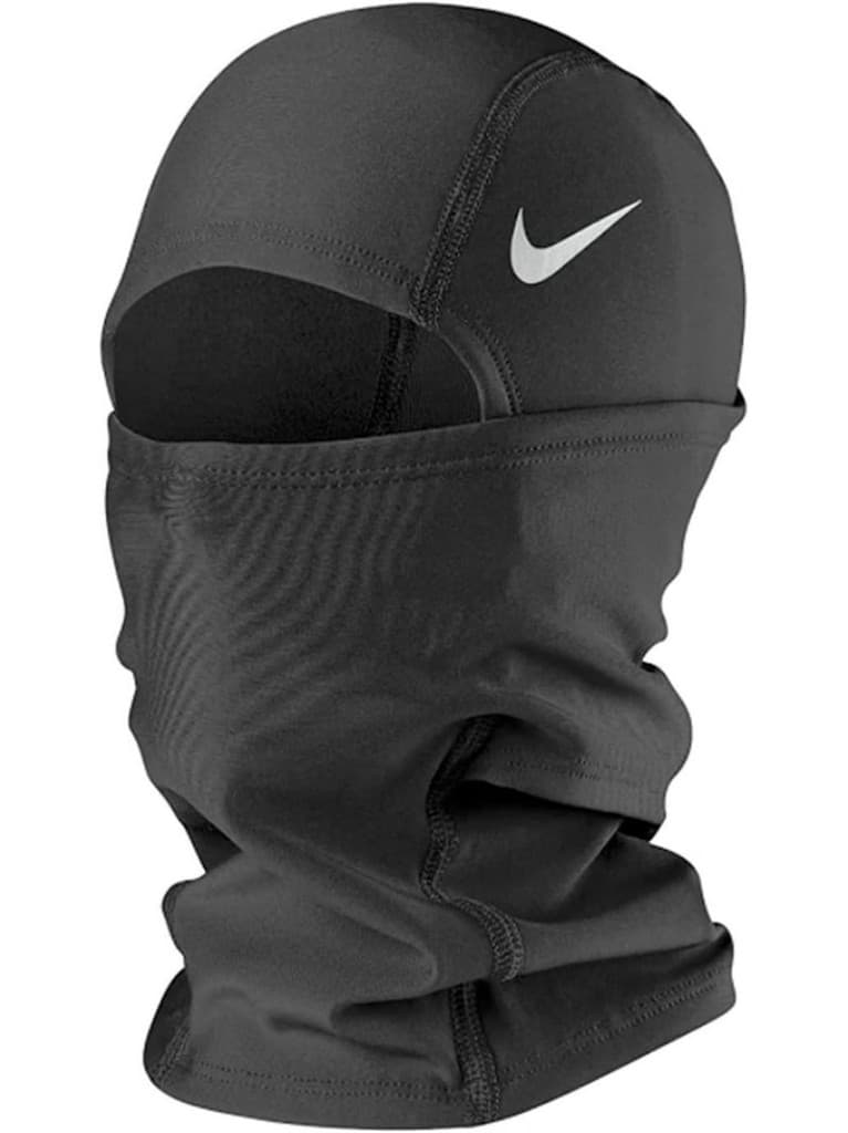 Black Nike balaclava with white swoosh on white background
