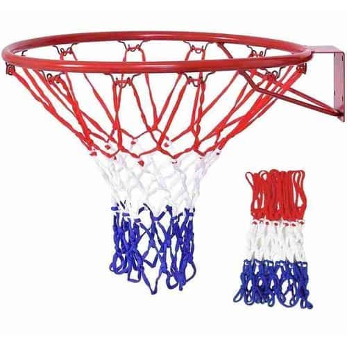Red metal basketball rim with red white blue net and spare net on white background
